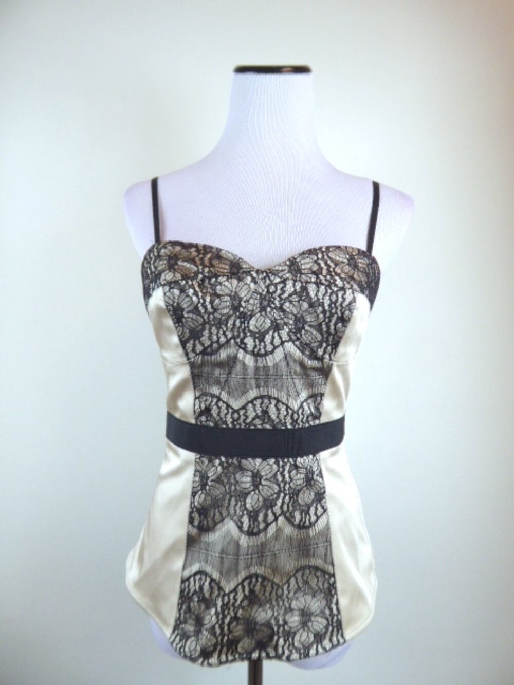 TRACY REESE BUSTIER ivory black lace camisole corset TOP spaghetti straps 4